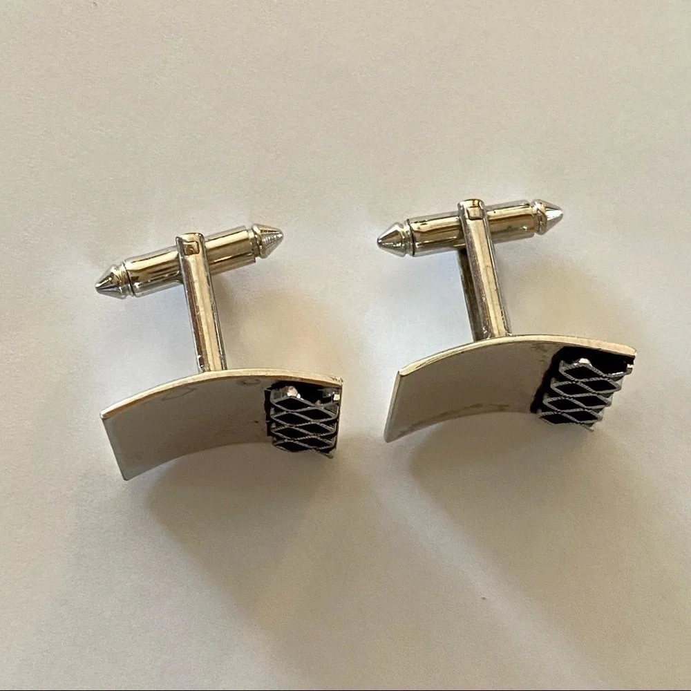 Vintage Silver and Black Enamel Curved Square Cufflinks